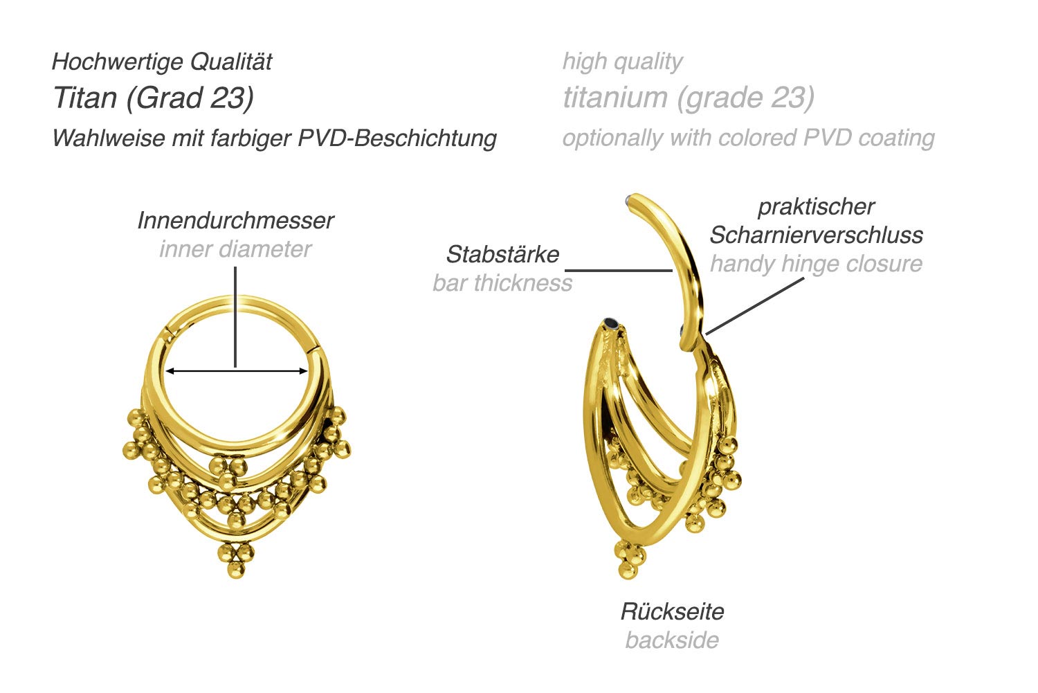 PIERCINGLINE Segmentring Clicker met 3 ringen van titanium - piercing voor neus, septum, oor, helix of tragus in 4 kleuren, 8 millimeter